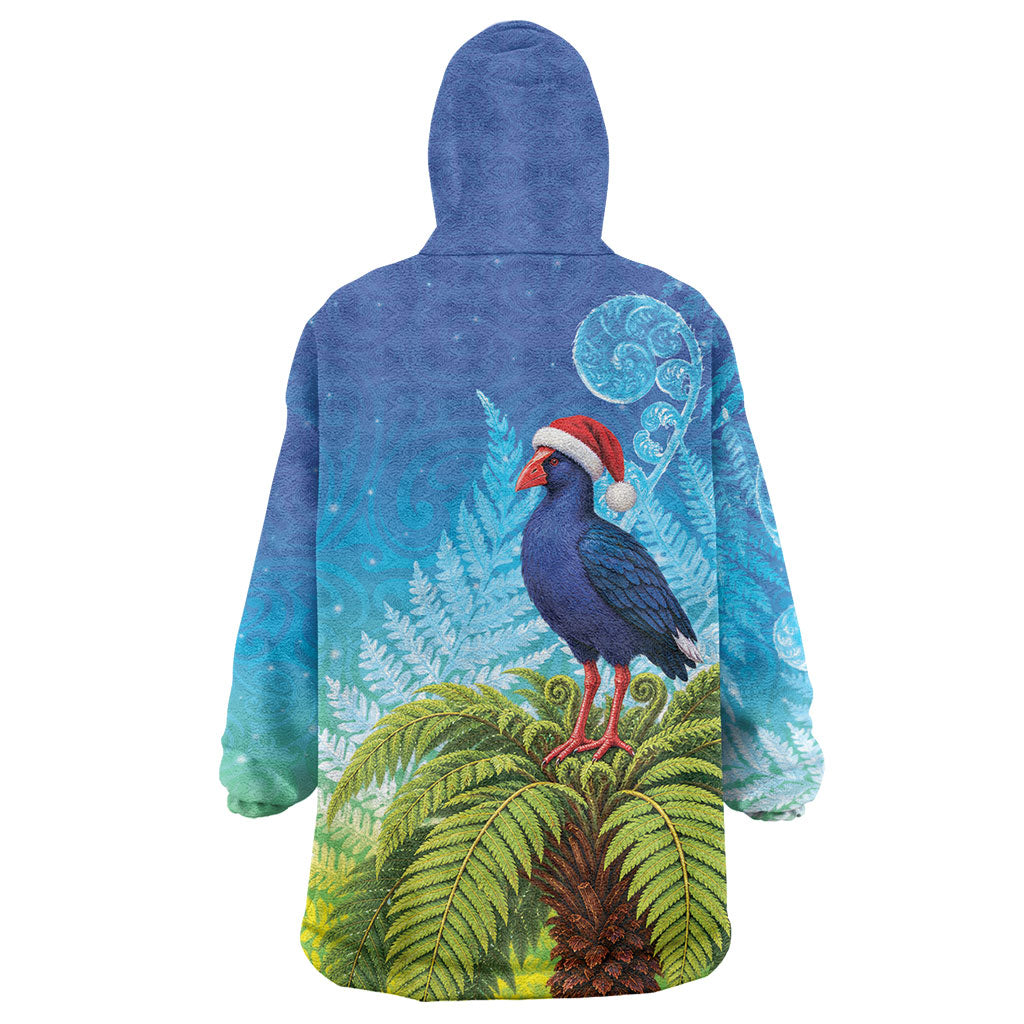 New Zealand Christmas Wearable Blanket Hoodie Pukeko With Ponga Tree Silver Fern