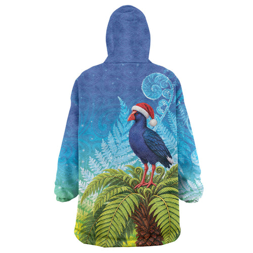 New Zealand Christmas Wearable Blanket Hoodie Pukeko With Ponga Tree Silver Fern
