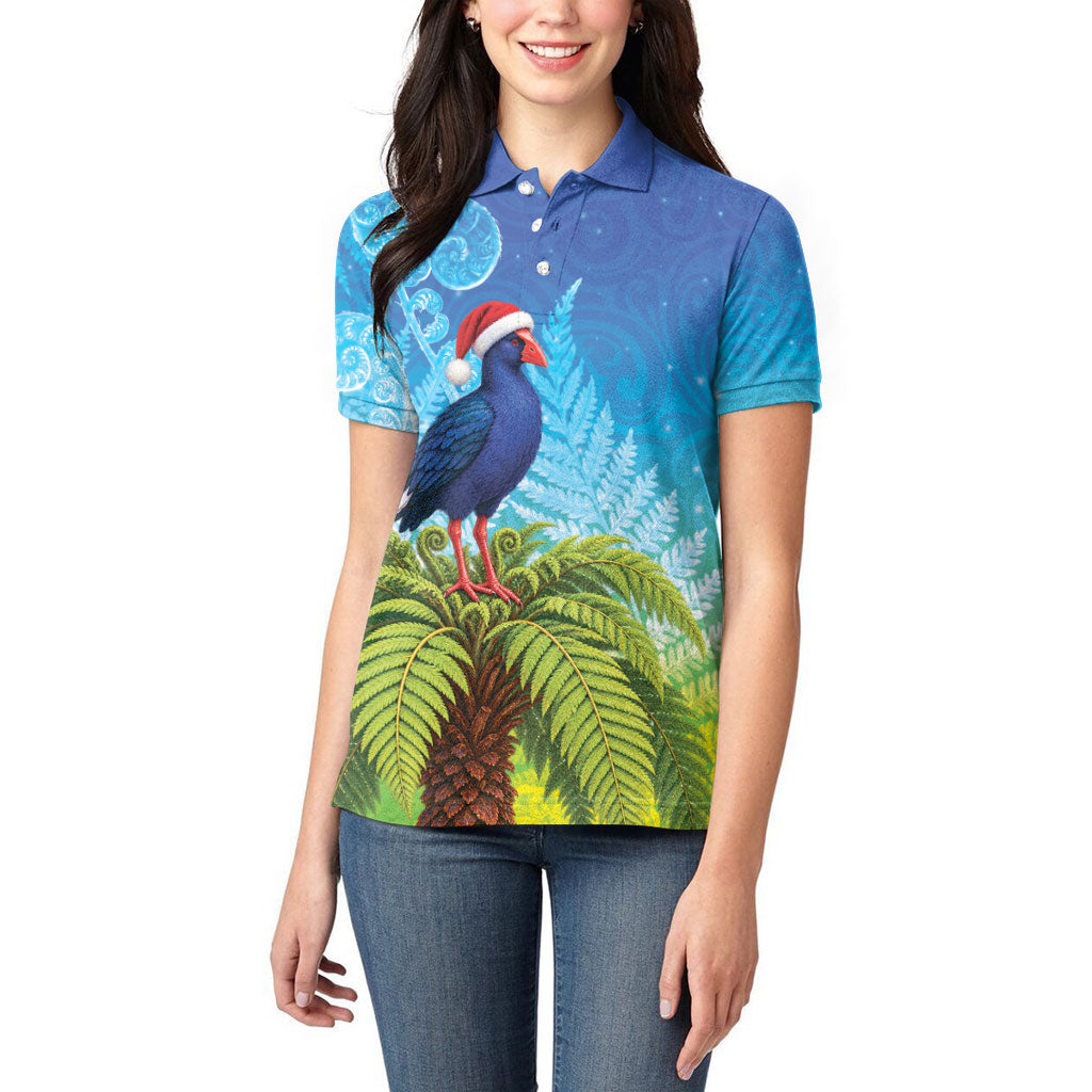 New Zealand Christmas Women Polo Shirt Pukeko With Ponga Tree Silver Fern