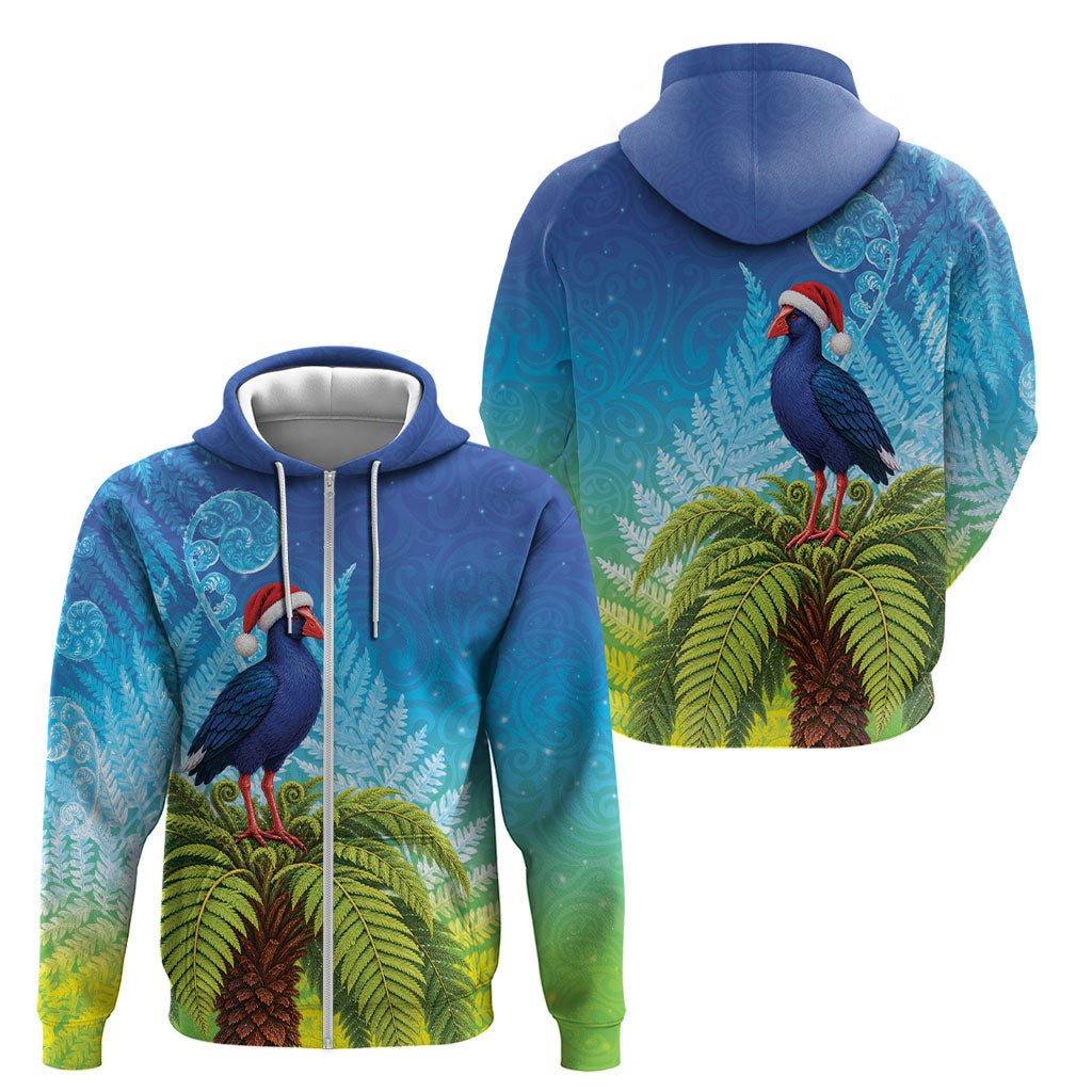 New Zealand Christmas Zip Hoodie Pukeko With Ponga Tree Silver Fern