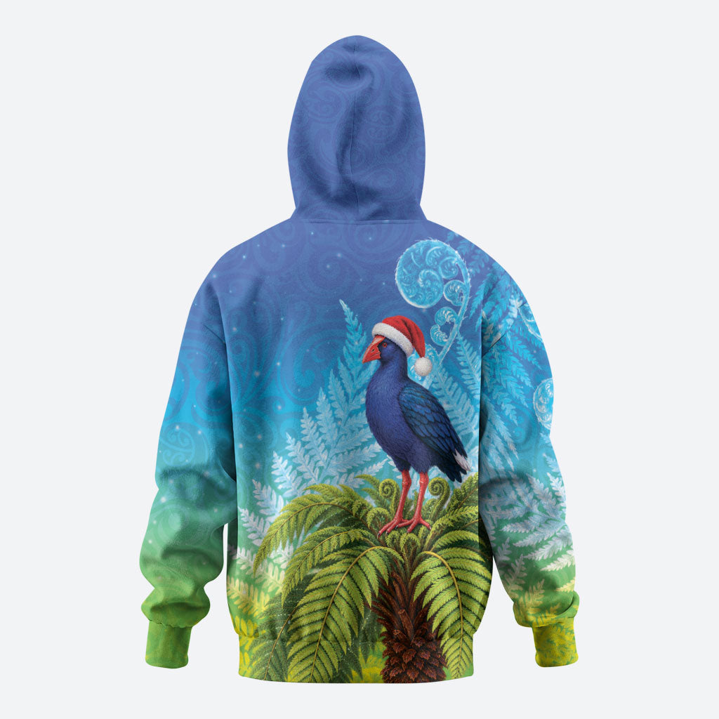 New Zealand Christmas Zip Hoodie Pukeko With Ponga Tree Silver Fern