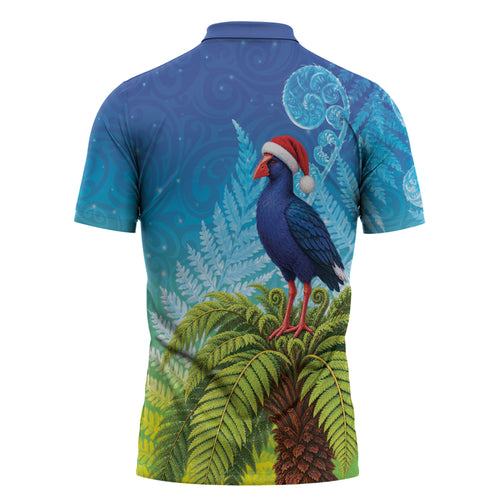 New Zealand Christmas Zipper Polo Shirt Pukeko With Ponga Tree Silver Fern