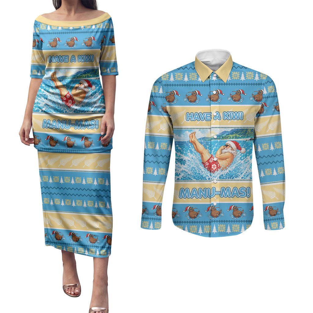 New Zealand Christmas Couples Matching Puletasi and Long Sleeve Button Shirt Have A Kiwi Manu-Mas