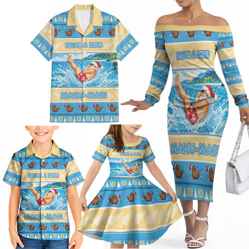 New Zealand Christmas Family Matching Off The Shoulder Long Sleeve Dress and Hawaiian Shirt Have A Kiwi Manu-Mas