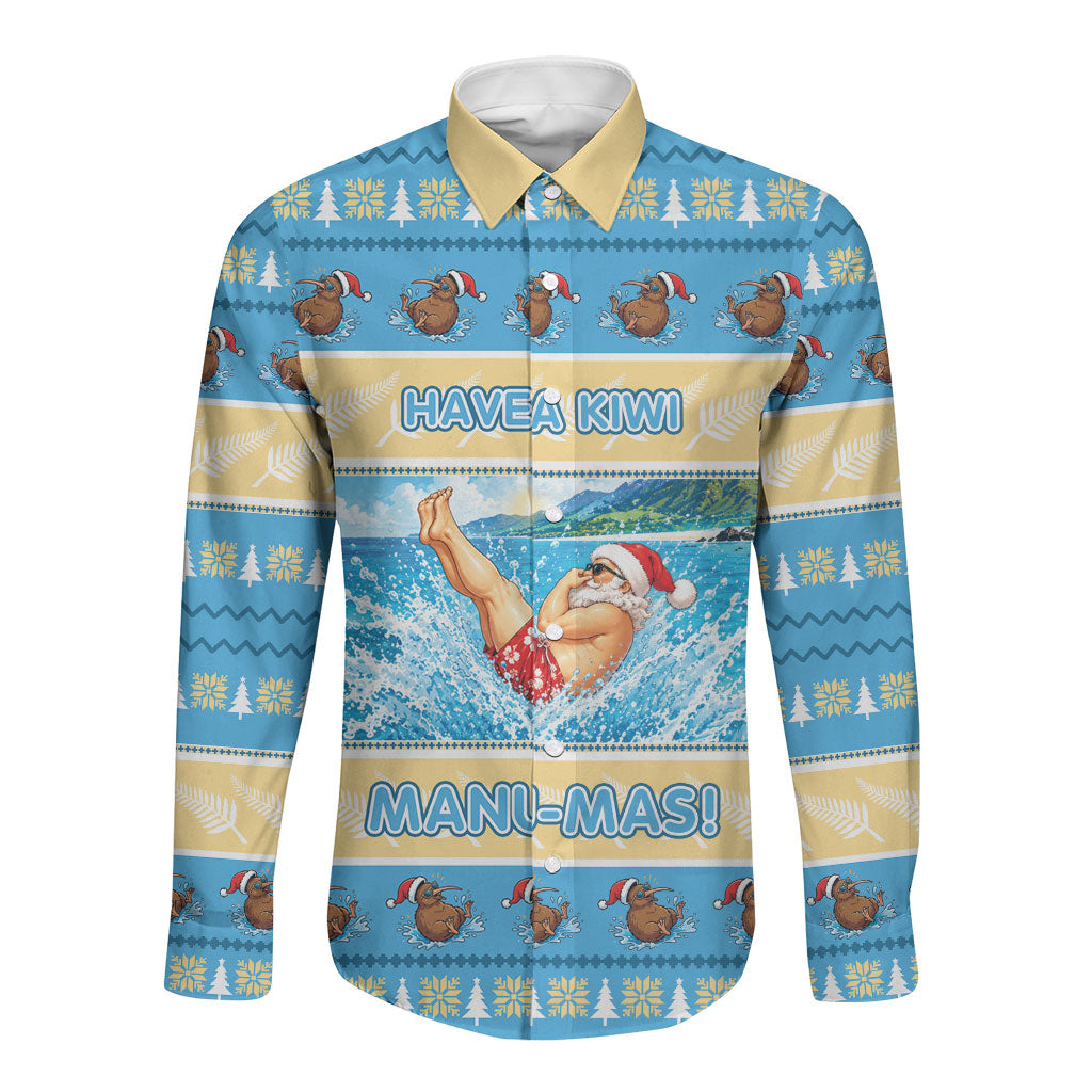 New Zealand Christmas Long Sleeve Button Shirt Have A Kiwi Manu-Mas