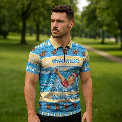 New Zealand Christmas Zipper Polo Shirt Have A Kiwi Manu-Mas