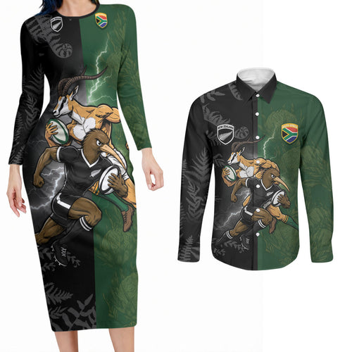 Custom South Africa And New Zealand Couples Matching Long Sleeve Bodycon Dress and Long Sleeve Button Shirt Springboks And Kiwis Rugby Rivalry