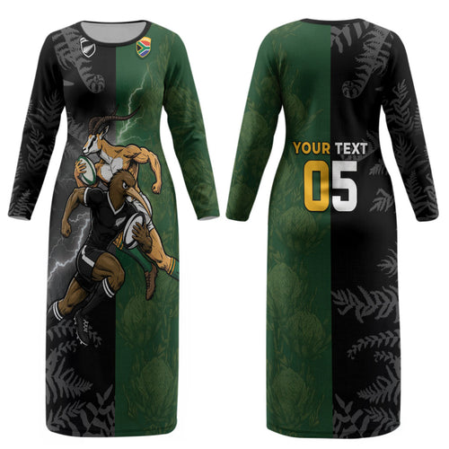Custom South Africa And New Zealand Couples Matching Long Sleeve Bodycon Dress and Long Sleeve Button Shirt Springboks And Kiwis Rugby Rivalry