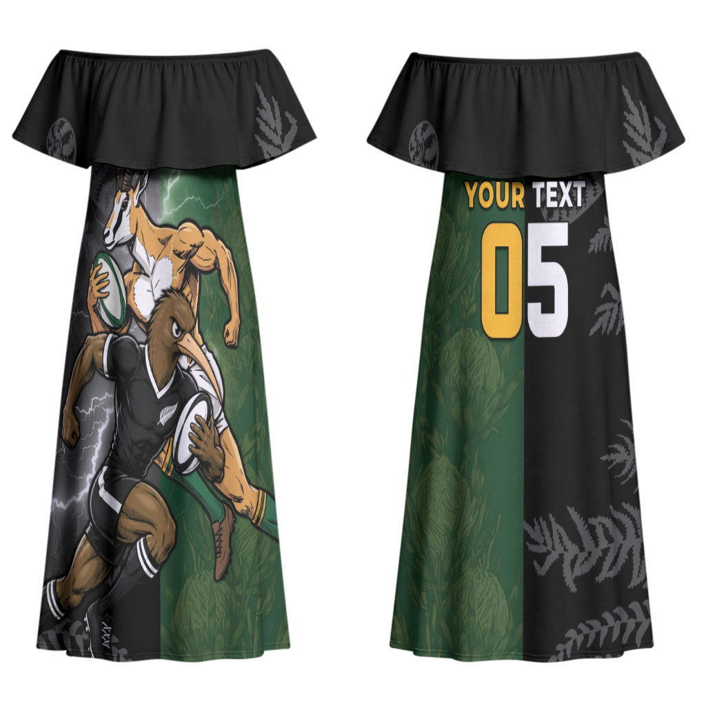 Custom South Africa And New Zealand Couples Matching Off Shoulder Maxi Dress and Long Sleeve Button Shirt Springboks And Kiwis Rugby Rivalry