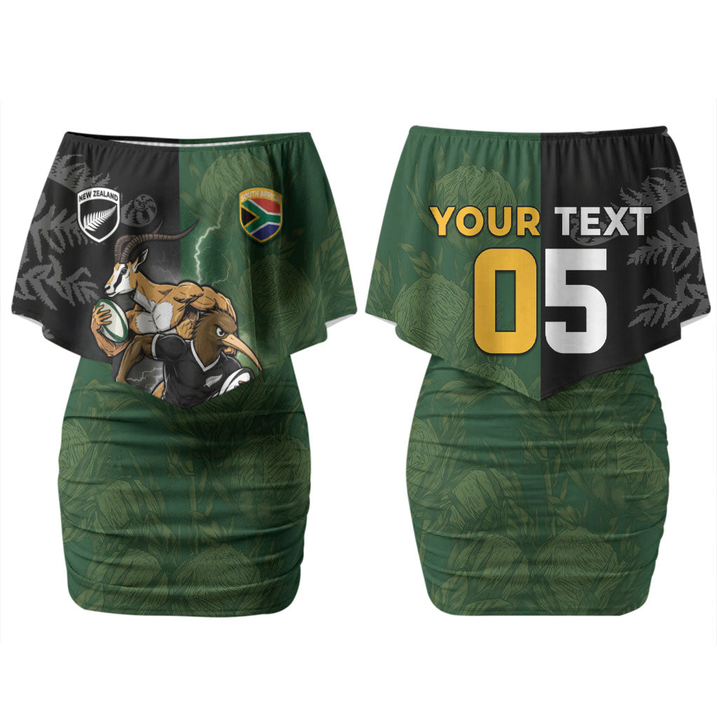 Custom South Africa And New Zealand Couples Matching Off Shoulder Short Dress and Long Sleeve Button Shirt Springboks And Kiwis Rugby Rivalry