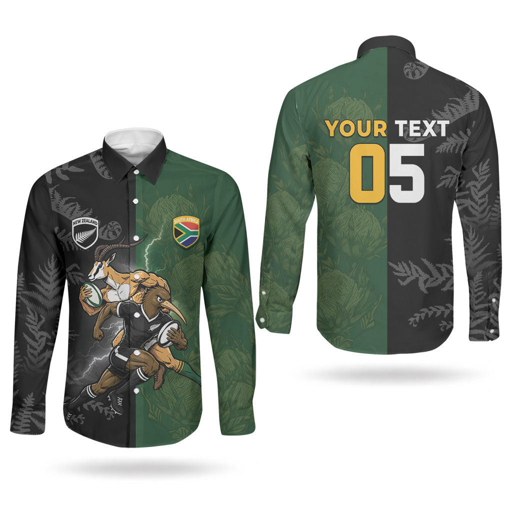 Custom South Africa And New Zealand Couples Matching Off The Shoulder Long Sleeve Dress and Long Sleeve Button Shirt Springboks And Kiwis Rugby Rivalry