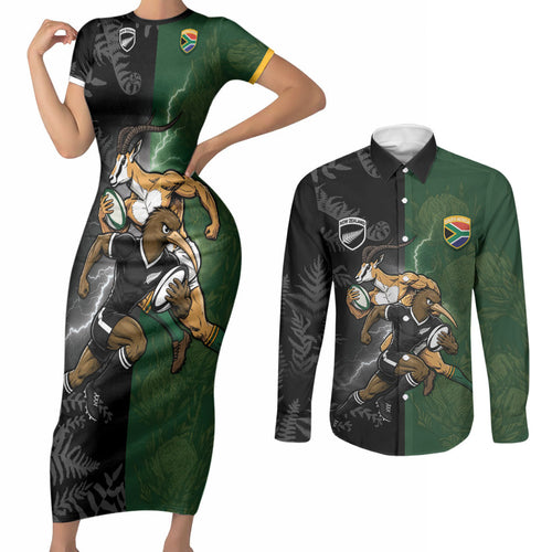 Custom South Africa And New Zealand Couples Matching Short Sleeve Bodycon Dress and Long Sleeve Button Shirt Springboks And Kiwis Rugby Rivalry