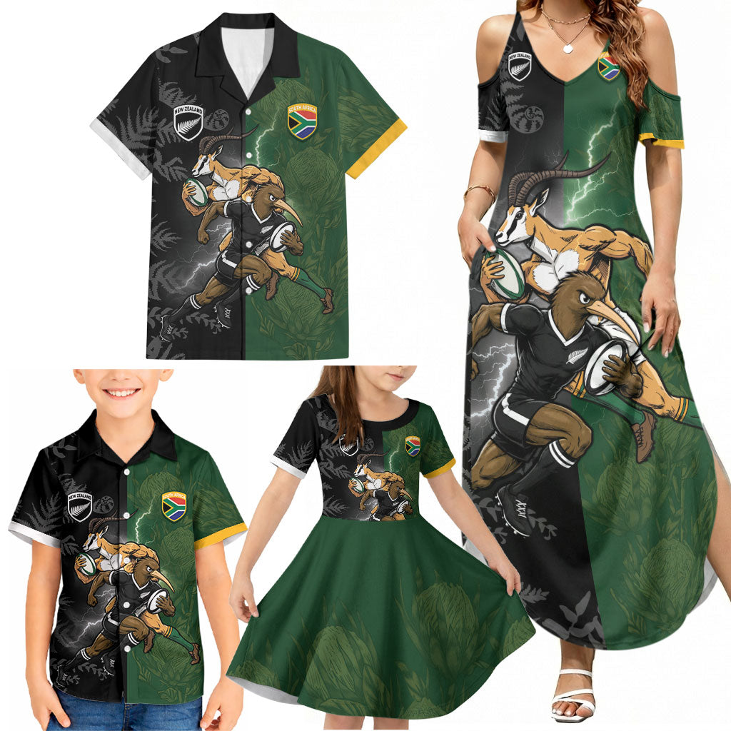 Custom South Africa And New Zealand Family Matching Summer Maxi Dress and Hawaiian Shirt Springboks And Kiwis Rugby Rivalry