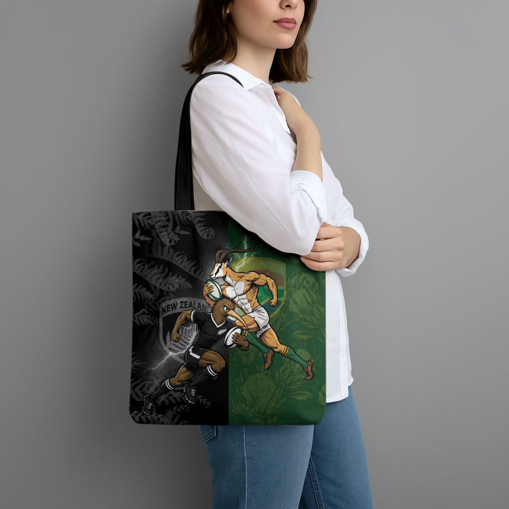 South Africa And New Zealand Tote Bag Springboks And Kiwis Rugby Rivalry