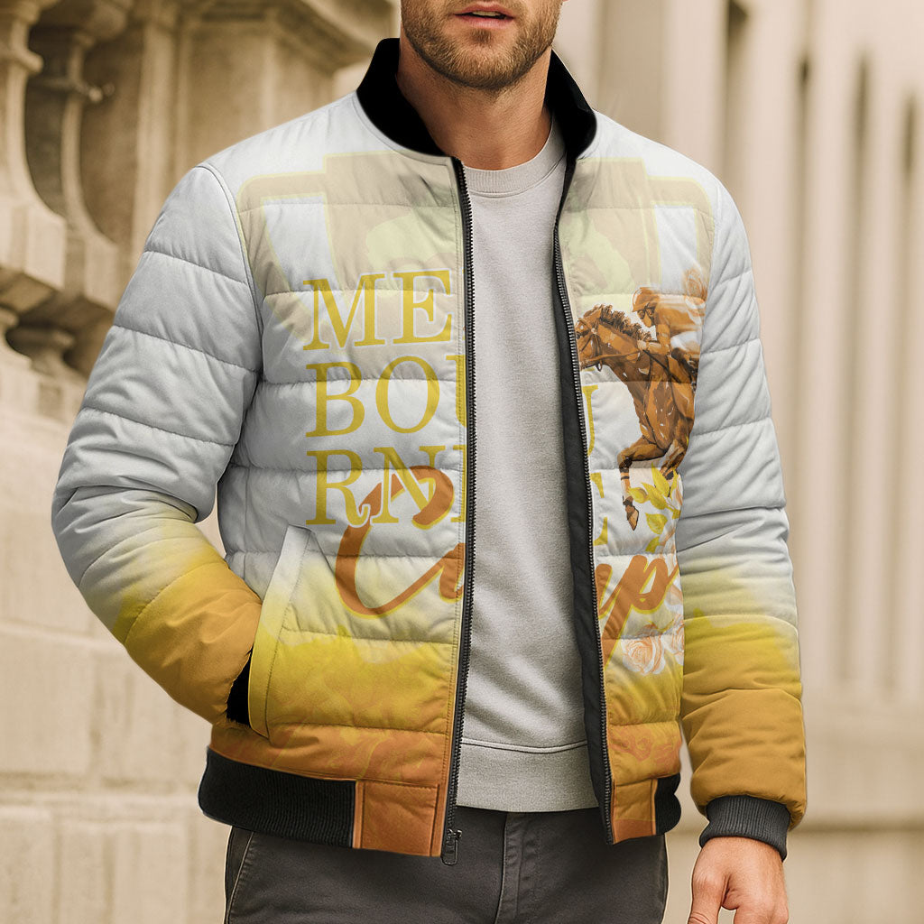 Melbourne Horse Racing Bomber Puffer Jacket Vintage Floral Equestrian Rider