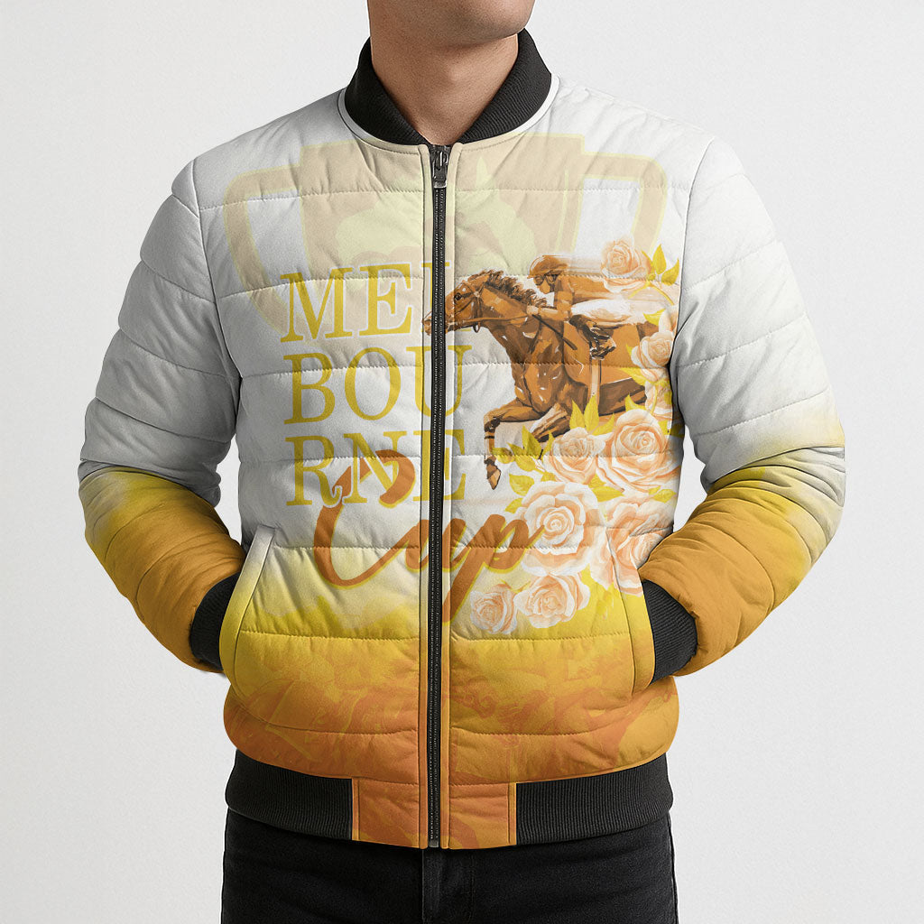 Melbourne Horse Racing Bomber Puffer Jacket Vintage Floral Equestrian Rider