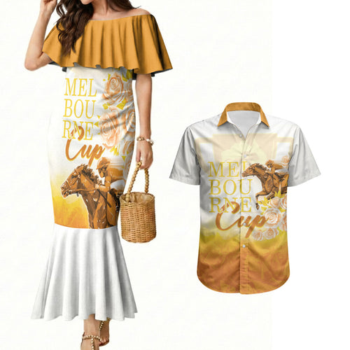 Melbourne Horse Racing Couples Matching Mermaid Dress and Hawaiian Shirt Vintage Floral Equestrian Rider