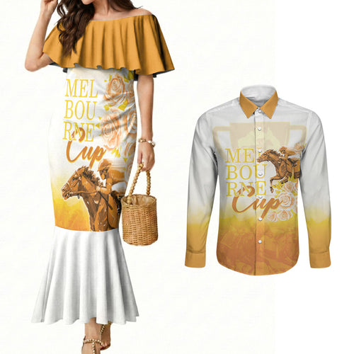 Melbourne Horse Racing Couples Matching Mermaid Dress and Long Sleeve Button Shirt Vintage Floral Equestrian Rider