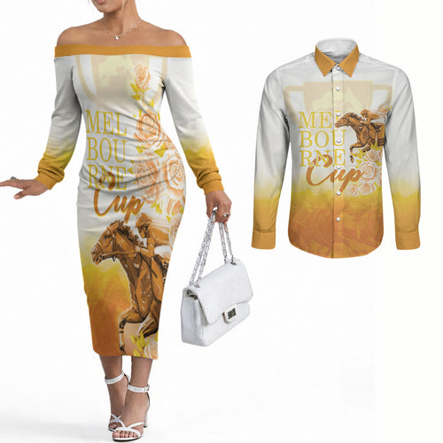 Melbourne Horse Racing Couples Matching Off The Shoulder Long Sleeve Dress and Long Sleeve Button Shirt Vintage Floral Equestrian Rider