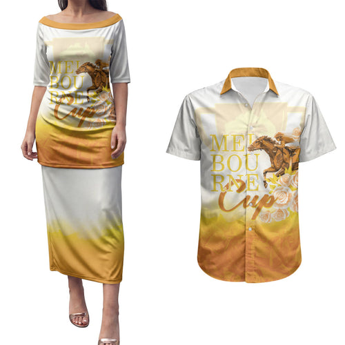 Melbourne Horse Racing Couples Matching Puletasi and Hawaiian Shirt Vintage Floral Equestrian Rider