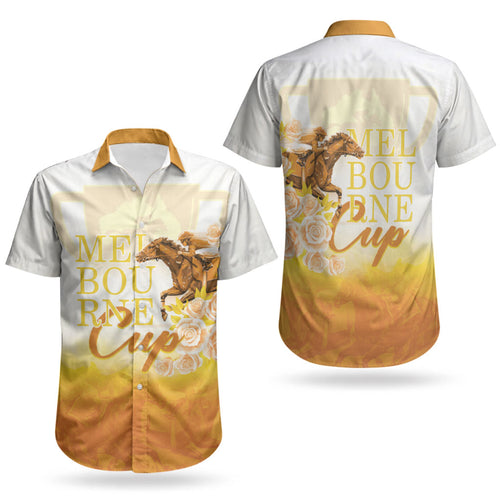 Melbourne Horse Racing Couples Matching Puletasi and Hawaiian Shirt Vintage Floral Equestrian Rider