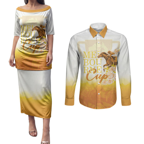 Melbourne Horse Racing Couples Matching Puletasi and Long Sleeve Button Shirt Vintage Floral Equestrian Rider