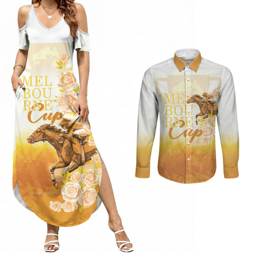 Melbourne Horse Racing Couples Matching Summer Maxi Dress and Long Sleeve Button Shirt Vintage Floral Equestrian Rider