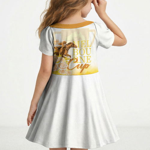 Melbourne Horse Racing Kid Short Sleeve Dress Vintage Floral Equestrian Rider