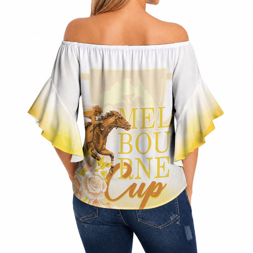 Melbourne Horse Racing Off Shoulder Wrap Waist Top Vintage Floral Equestrian Rider
