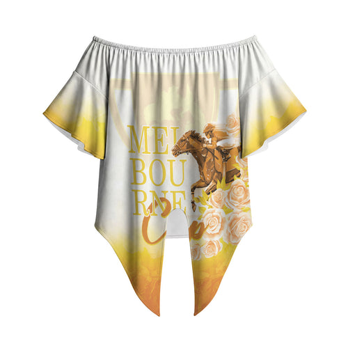Melbourne Horse Racing Off Shoulder Wrap Waist Top Vintage Floral Equestrian Rider