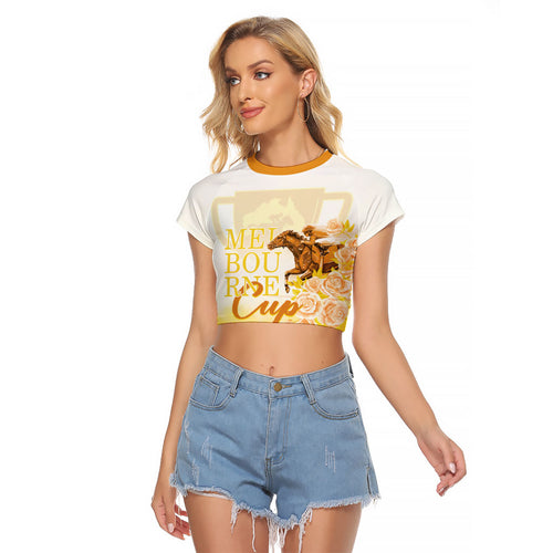 Melbourne Horse Racing Raglan Cropped T Shirt Vintage Floral Equestrian Rider