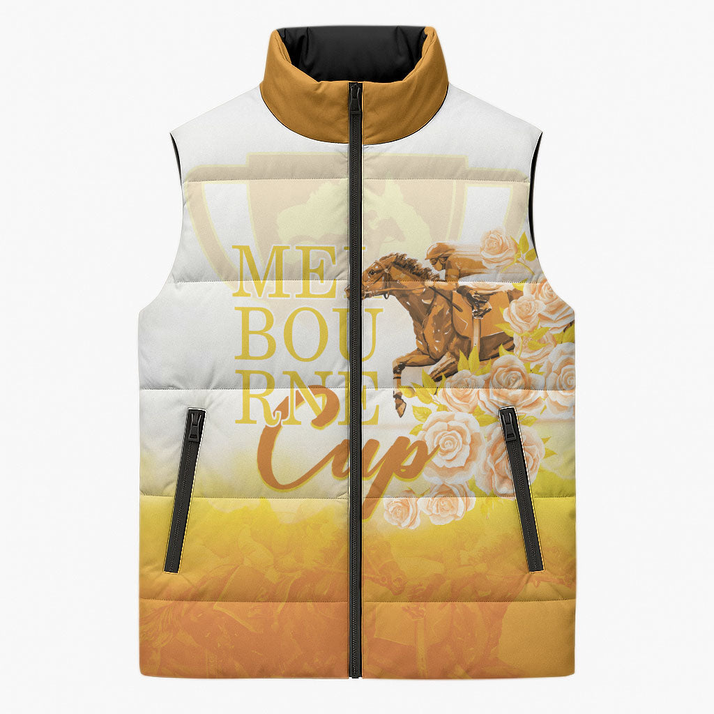 Melbourne Horse Racing Sleeveless Puffer Jacket Vintage Floral Equestrian Rider