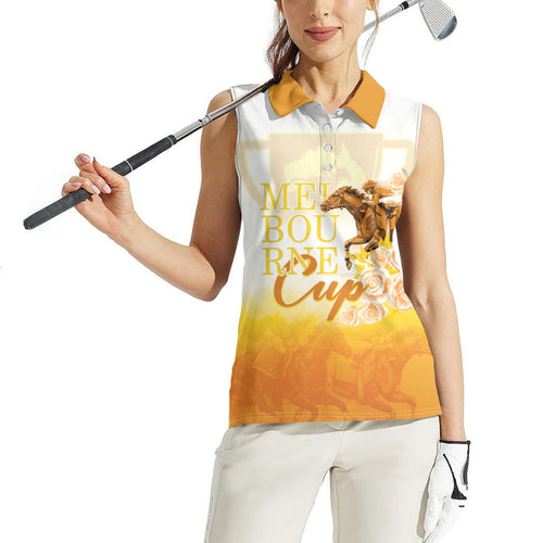Melbourne Horse Racing Women Sleeveless Polo Shirt Vintage Floral Equestrian Rider