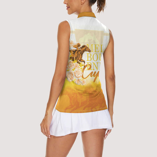 Melbourne Horse Racing Women Sleeveless Polo Shirt Vintage Floral Equestrian Rider
