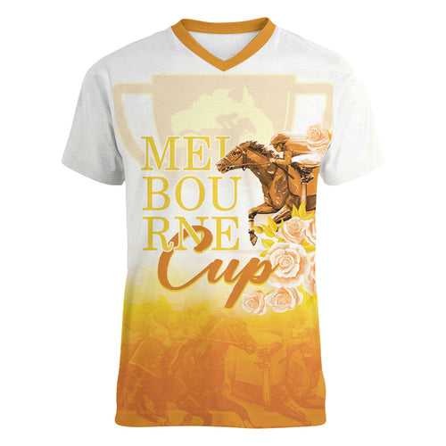 Melbourne Horse Racing Women V-Neck T-Shirt Vintage Floral Equestrian Rider