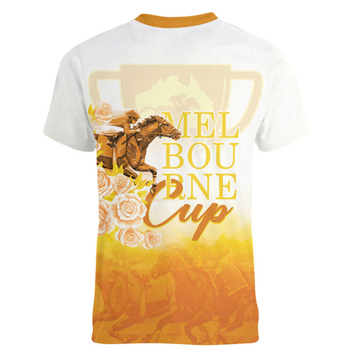 Melbourne Horse Racing Women V-Neck T-Shirt Vintage Floral Equestrian Rider