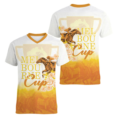 Melbourne Horse Racing Women V-Neck T-Shirt Vintage Floral Equestrian Rider