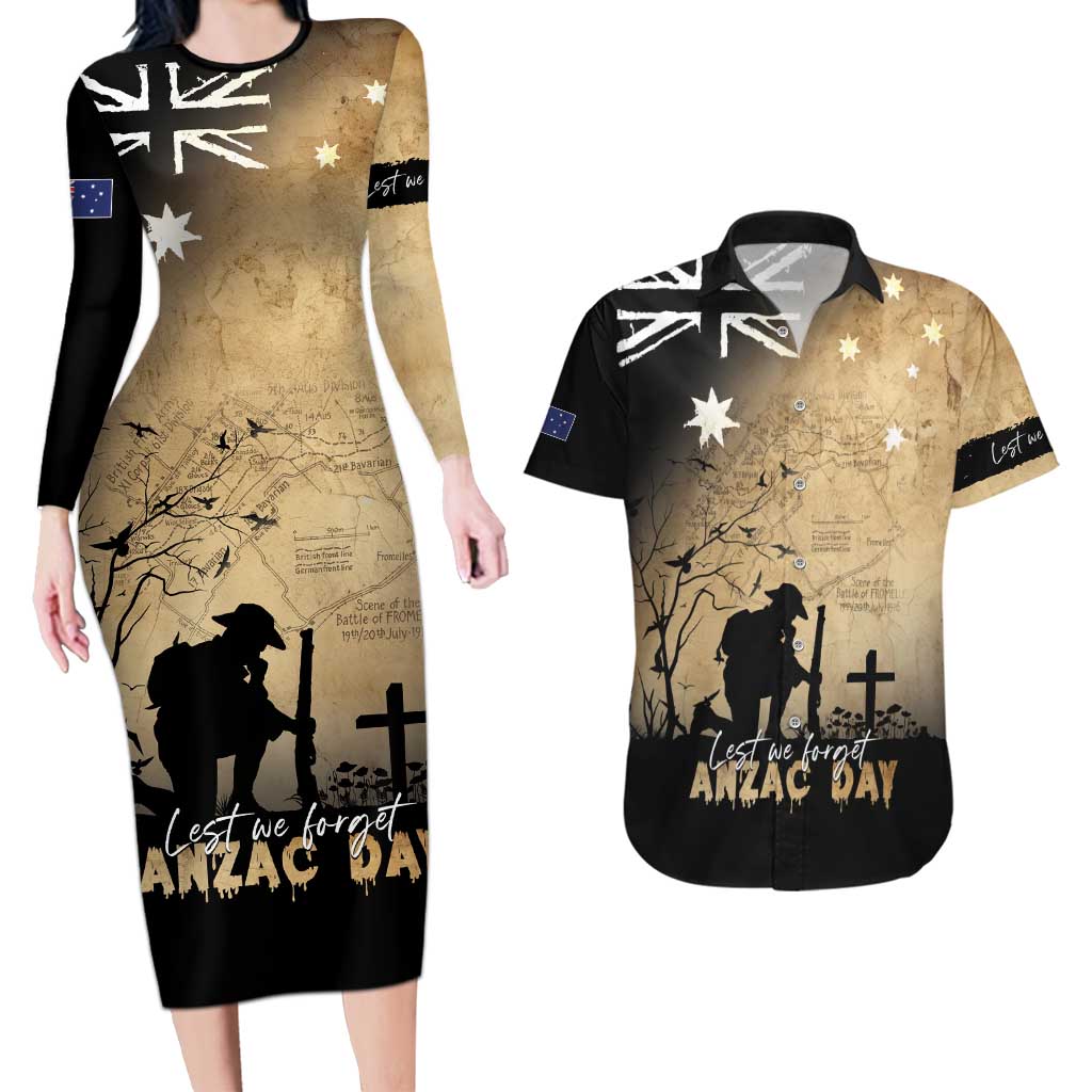 Australia ANZAC Day Couples Matching Long Sleeve Bodycon Dress and Hawaiian Shirt Battle Of Fromelles Lest We Forget
