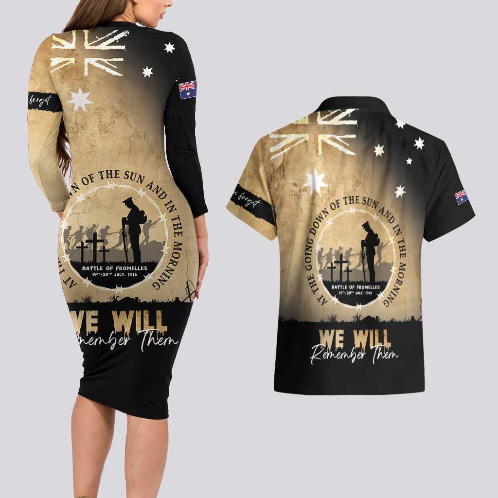 Australia ANZAC Day Couples Matching Long Sleeve Bodycon Dress and Hawaiian Shirt Battle Of Fromelles Lest We Forget