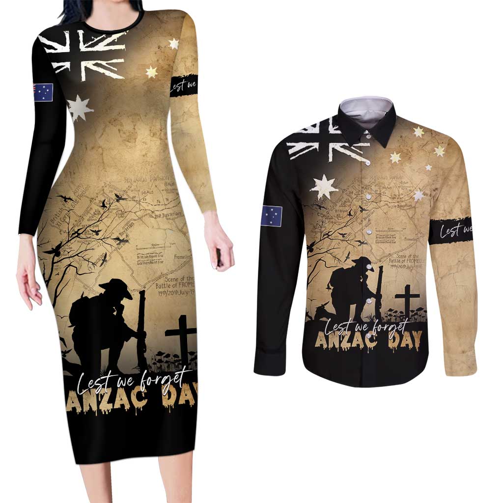 Australia ANZAC Day Couples Matching Long Sleeve Bodycon Dress and Long Sleeve Button Shirt Battle Of Fromelles Lest We Forget