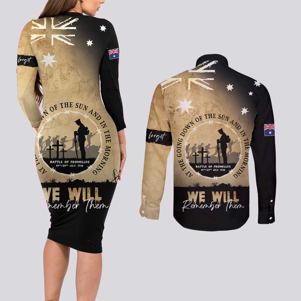 Australia ANZAC Day Couples Matching Long Sleeve Bodycon Dress and Long Sleeve Button Shirt Battle Of Fromelles Lest We Forget
