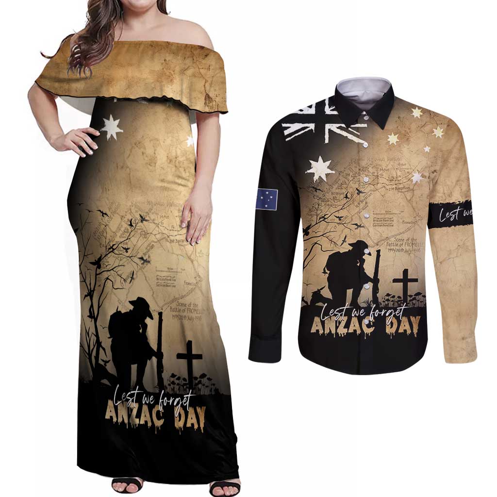 Australia ANZAC Day Couples Matching Off Shoulder Maxi Dress and Long Sleeve Button Shirt Battle Of Fromelles Lest We Forget