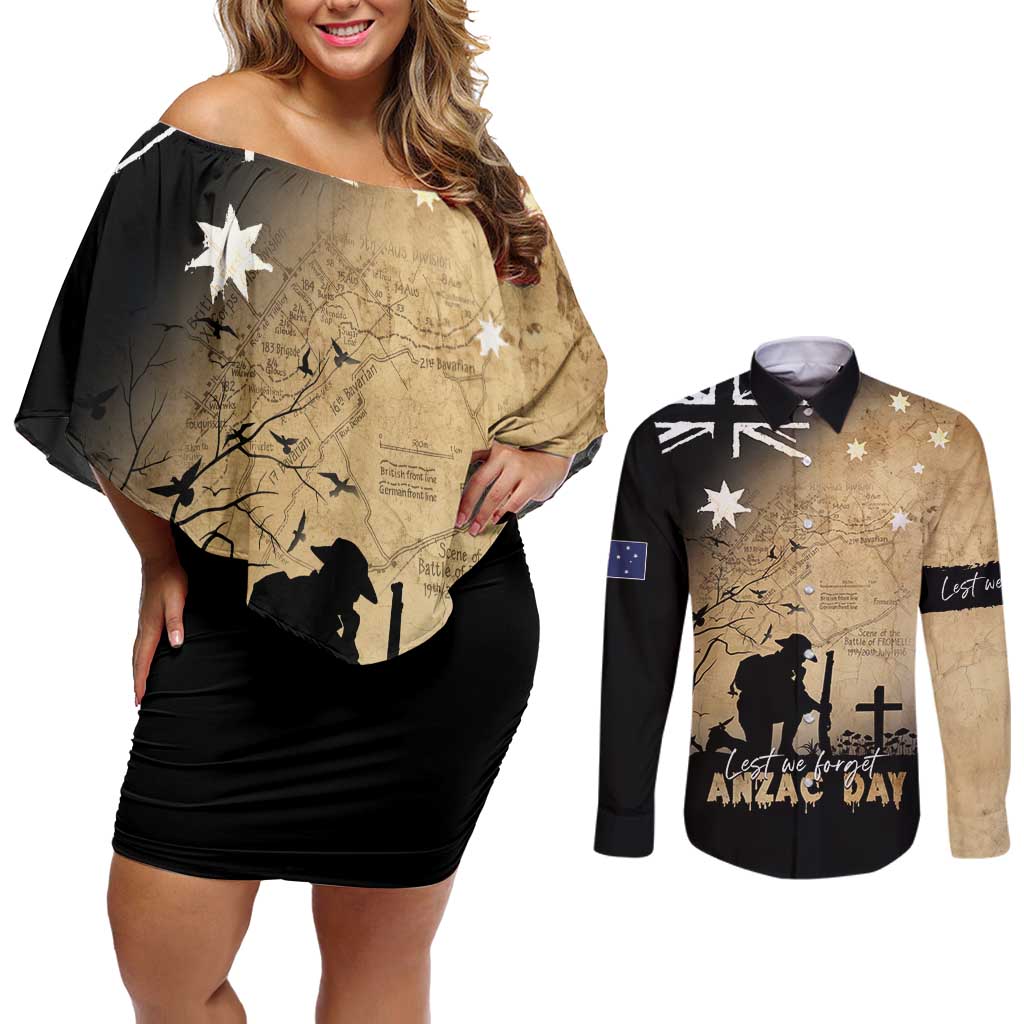 Australia ANZAC Day Couples Matching Off Shoulder Short Dress and Long Sleeve Button Shirt Battle Of Fromelles Lest We Forget