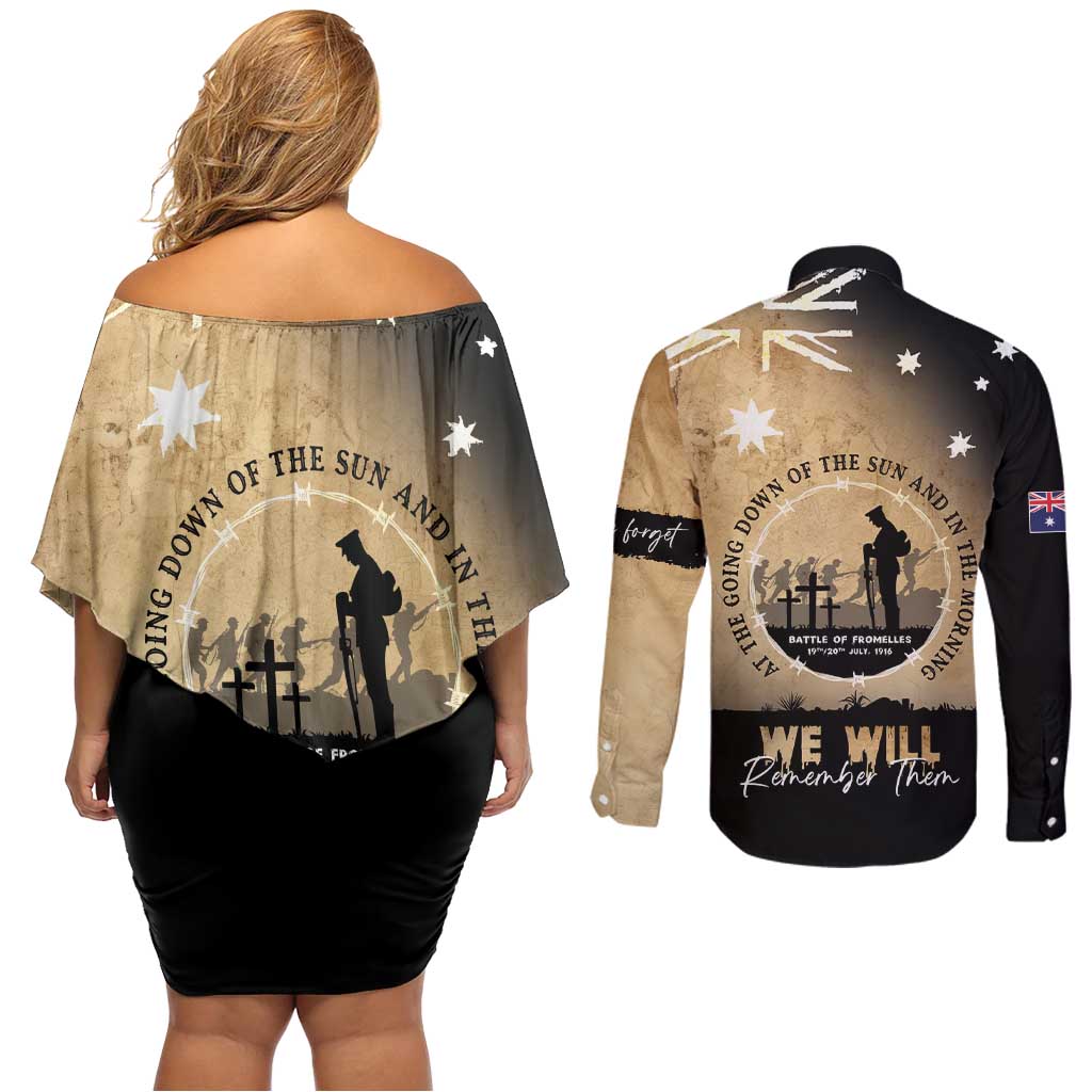 Australia ANZAC Day Couples Matching Off Shoulder Short Dress and Long Sleeve Button Shirt Battle Of Fromelles Lest We Forget