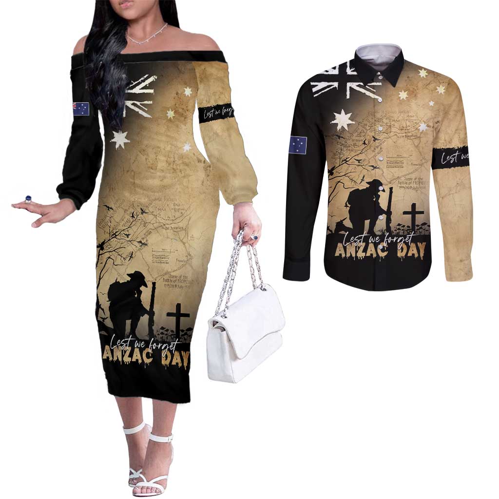 Australia ANZAC Day Couples Matching Off The Shoulder Long Sleeve Dress and Long Sleeve Button Shirt Battle Of Fromelles Lest We Forget