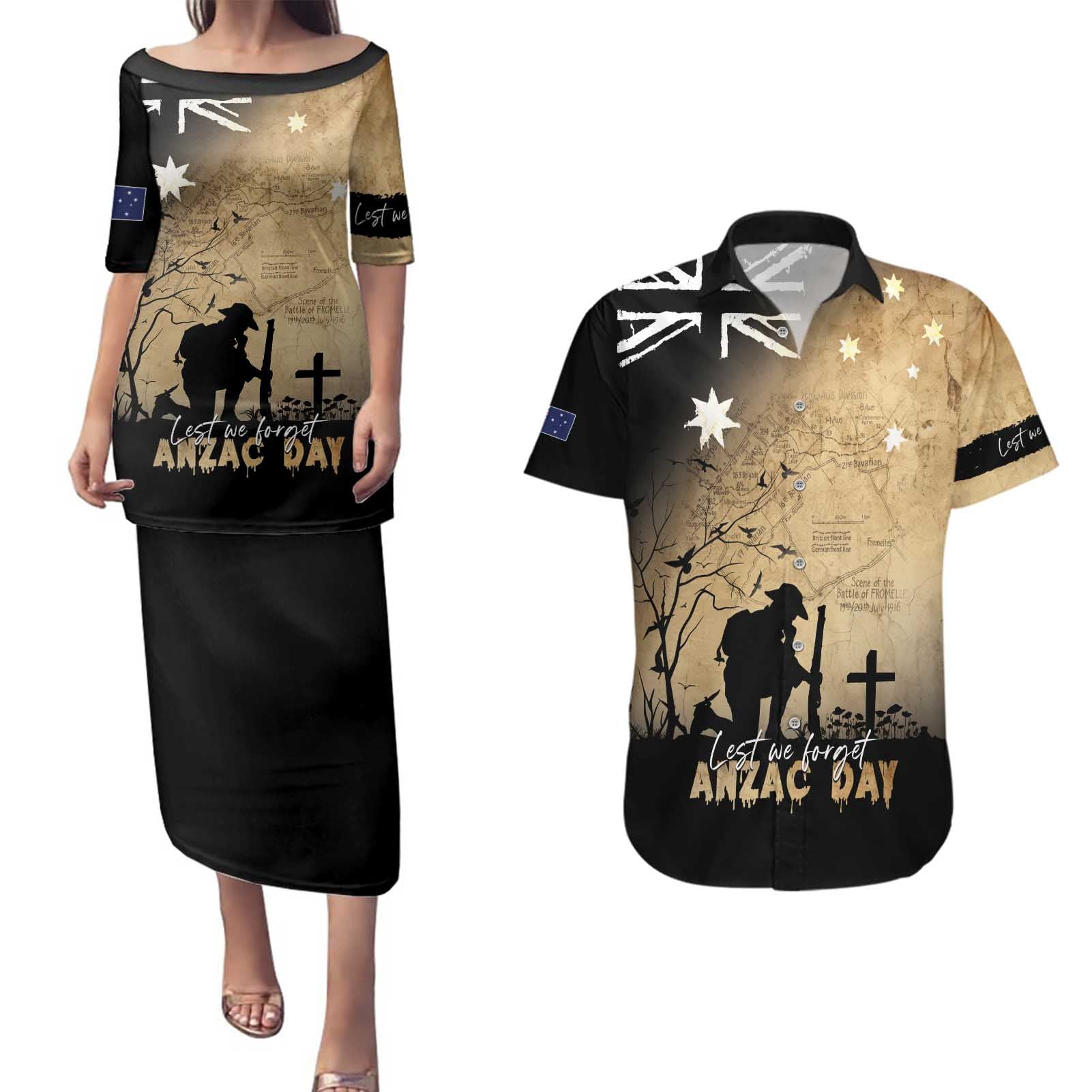 Australia ANZAC Day Couples Matching Puletasi and Hawaiian Shirt Battle Of Fromelles Lest We Forget