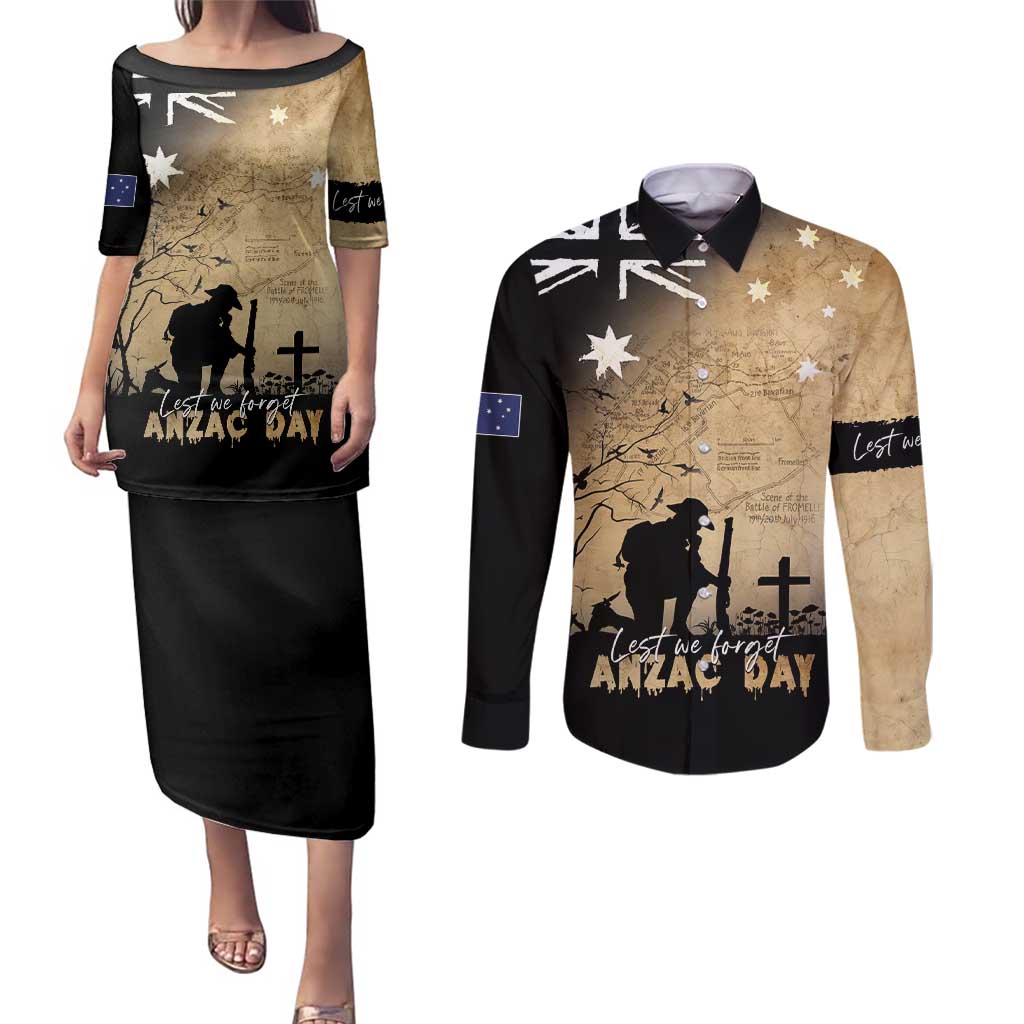 Australia ANZAC Day Couples Matching Puletasi and Long Sleeve Button Shirt Battle Of Fromelles Lest We Forget