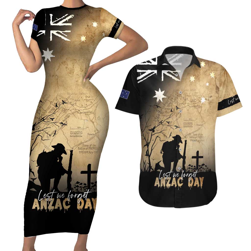 Australia ANZAC Day Couples Matching Short Sleeve Bodycon Dress and Hawaiian Shirt Battle Of Fromelles Lest We Forget