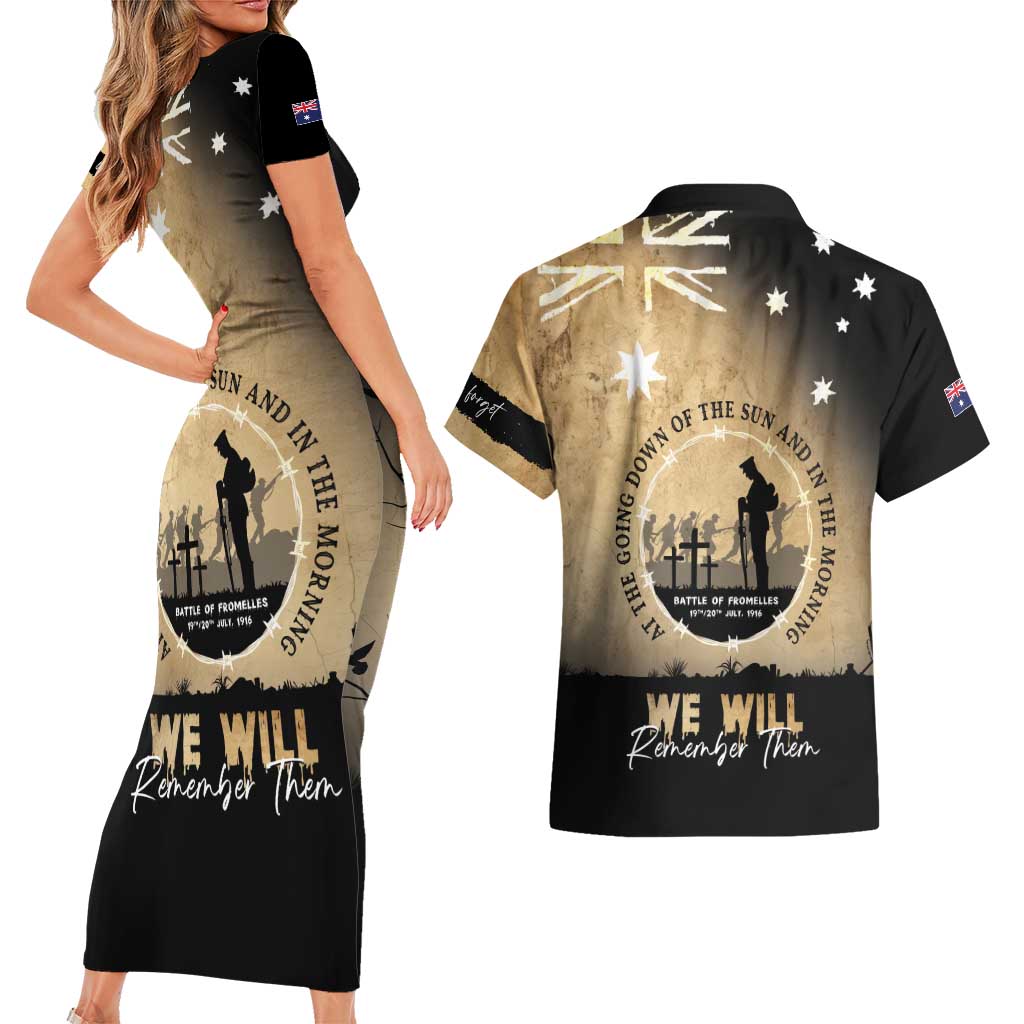 Australia ANZAC Day Couples Matching Short Sleeve Bodycon Dress and Hawaiian Shirt Battle Of Fromelles Lest We Forget