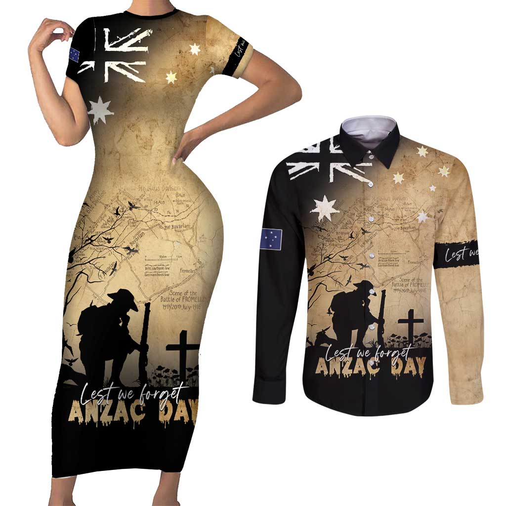 Australia ANZAC Day Couples Matching Short Sleeve Bodycon Dress and Long Sleeve Button Shirt Battle Of Fromelles Lest We Forget